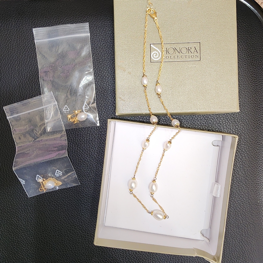 "Retired" QVC Honora Gold tone Bronze Necklace & Earrings Set with White Pearls